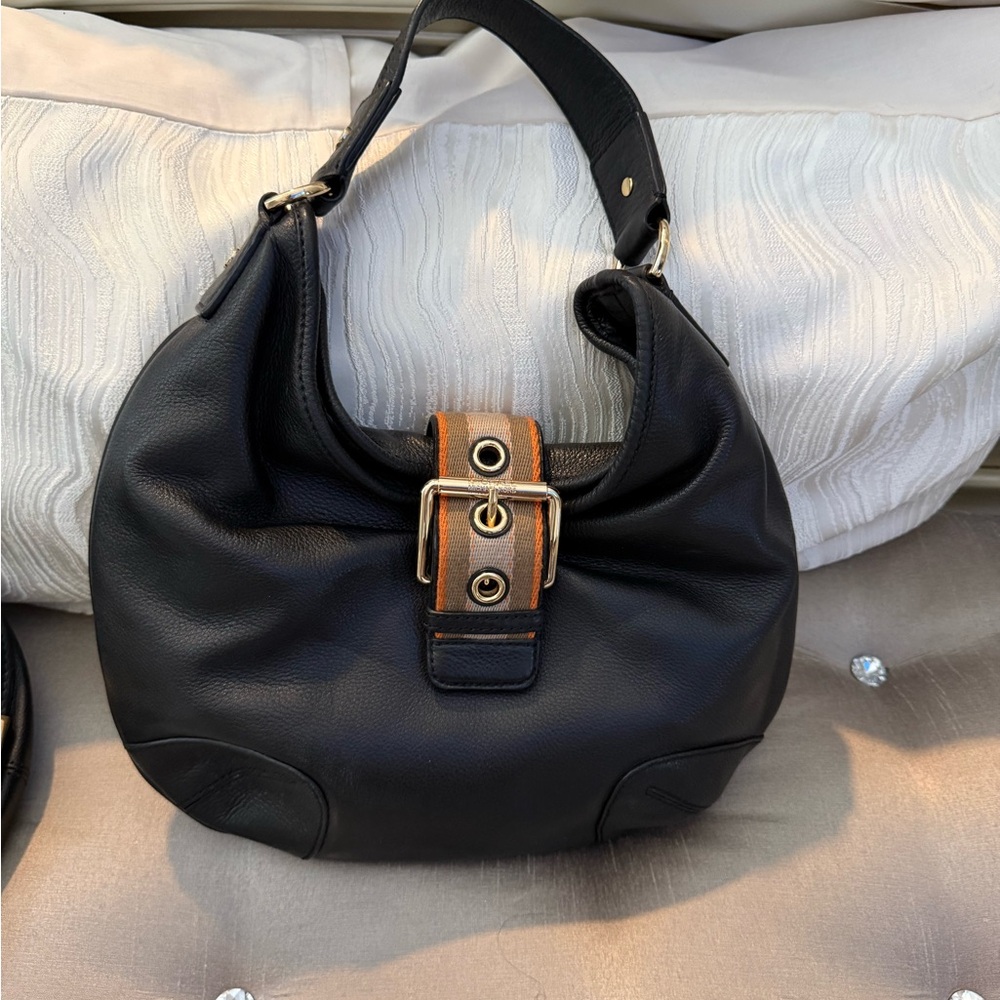 Michael Kors Black Leather Hobo with Tan and Orange Strap Accent